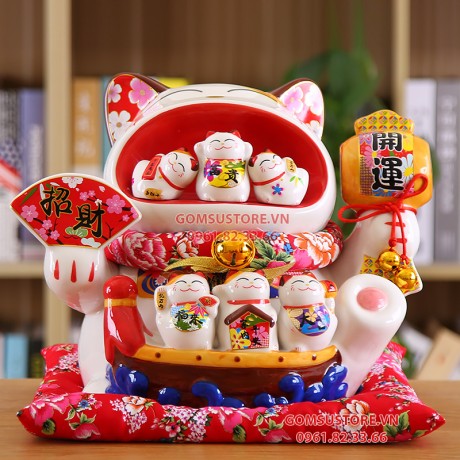 Mèo Thần Tài  Tiết Kiệm, Mèo May Mắn Maneki Neko Há Miệng Hút Tài Lộc 34cm Kèm Đệm Và Hộp Đẹp