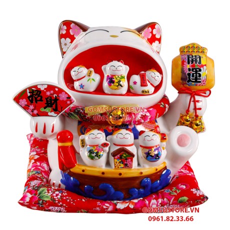 Mèo Thần Tài  Tiết Kiệm, Mèo May Mắn Maneki Neko Há Miệng Hút Tài Lộc 34cm Kèm Đệm Và Hộp Đẹp