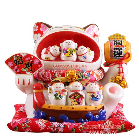 Mèo Thần Tài  Tiết Kiệm, Mèo May Mắn Maneki Neko Há Miệng Hút Tài Lộc 34cm Kèm Đệm Và Hộp Đẹp