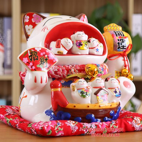 Mèo Thần Tài  Tiết Kiệm, Mèo May Mắn Maneki Neko Há Miệng Hút Tài Lộc 34cm Kèm Đệm Và Hộp Đẹp