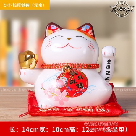 Mèo Thần Tài Vẫy Tay, Mèo May Mắn Maneki Neko Đĩnh vàng 14cm Kèm Đệm Và Hộp Đẹp