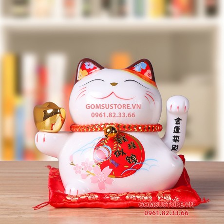 Mèo Thần Tài Vẫy Tay, Mèo May Mắn Maneki Neko Đĩnh vàng 14cm Kèm Đệm Và Hộp Đẹp