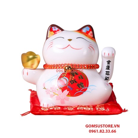 Mèo Thần Tài Vẫy Tay, Mèo May Mắn Maneki Neko Đĩnh vàng 14cm Kèm Đệm Và Hộp Đẹp