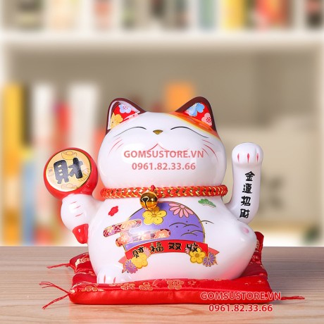 Mèo Thần Tài Vẫy Tay, Mèo May Mắn Maneki Neko Tài Lộc 14cm Kèm Đệm Và Hộp Đẹp