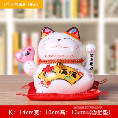 Mèo Thần Tài Vẫy Tay, Mèo May Mắn Maneki Neko Hạnh Phúc 14cm Kèm Đệm Và Hộp Đẹp