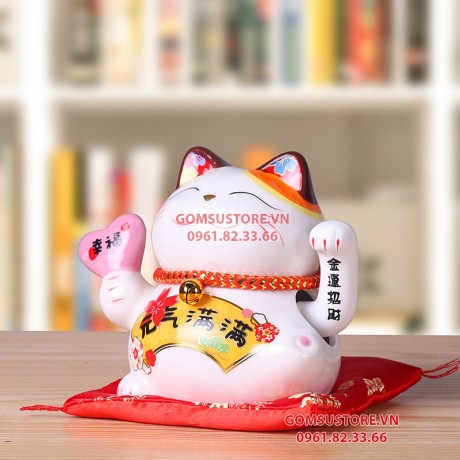 Mèo Thần Tài Vẫy Tay, Mèo May Mắn Maneki Neko Hạnh Phúc 14cm Kèm Đệm Và Hộp Đẹp