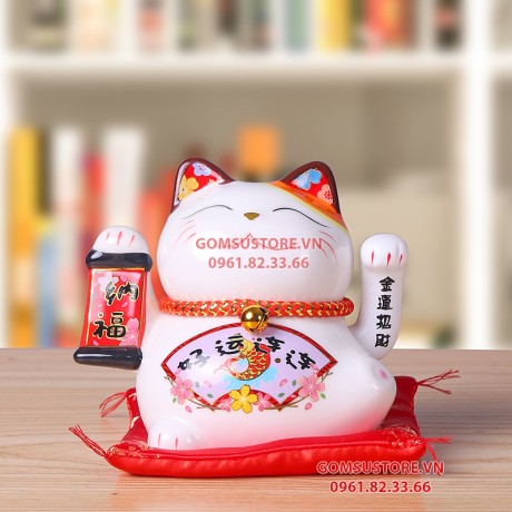 Mèo Thần Tài Vẫy Tay, Mèo May Mắn Maneki Neko Hưng Thịnh 14cm Kèm Đệm Và Hộp Đẹp