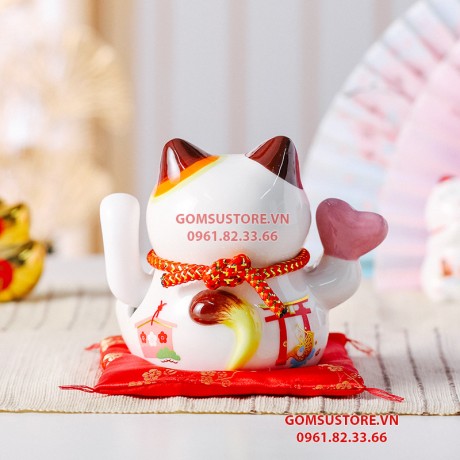 Mèo Thần Tài Vẫy Tay, Mèo May Mắn Maneki Neko Hạnh Phúc 14cm Kèm Đệm Và Hộp Đẹp