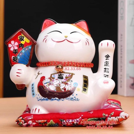 Mèo Thần Tài Vẫy Tay, Mèo May Mắn Maneki Neko Thẻ Bài Khai Vận 16cm Kèm Đệm Và Hộp Đẹp