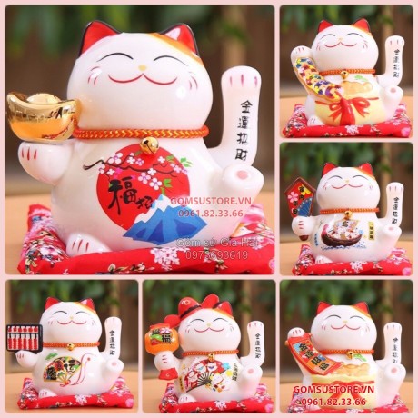 Mèo Thần Tài Vẫy Tay, Mèo May Mắn Maneki Neko Thẻ Bài Khai Vận 16cm Kèm Đệm Và Hộp Đẹp