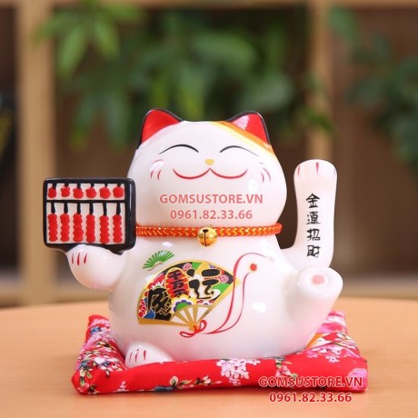 Mèo Thần Tài Vẫy Tay, Mèo May Mắn Maneki Neko Bàn Tính Khởi Sự Thành Công 16cm Kèm Đệm Và Hộp Đẹp