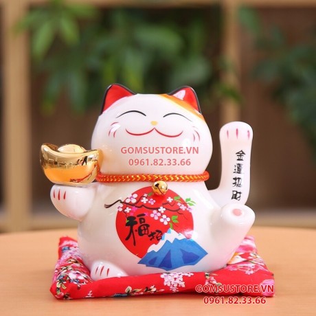 Mèo Thần Tài Vẫy Tay, Mèo May Mắn Maneki Neko Cung Hỷ Phát Tài 16cm Kèm Đệm Và Hộp Đẹp