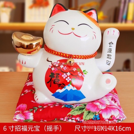 Mèo Thần Tài Vẫy Tay, Mèo May Mắn Maneki Neko Cung Hỷ Phát Tài 16cm Kèm Đệm Và Hộp Đẹp