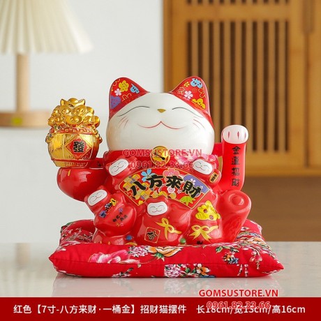 Mèo Thần Tài Vẫy Tay, Mèo May Mắn Maneki Neko Làm Ăn Tấn Tới 18cm Màu Đỏ Kèm Đệm Và Hộp Đẹp