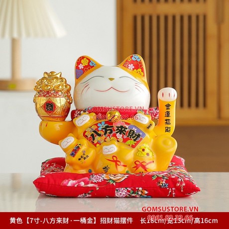 Mèo Thần Tài Vẫy Tay, Mèo May Mắn Maneki Neko Làm Ăn Tấn Tới 18cm Màu Vàng Kèm Đệm Và Hộp Đẹp