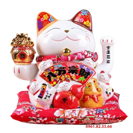 Mèo Thần Tài Vẫy Tay, Mèo May Mắn Maneki Neko Làm Ăn Tấn Tới 20cm Kèm Sạc, Đệm Và Hộp Đẹp