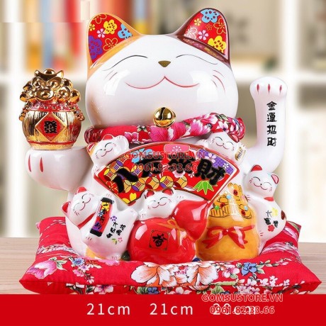 Mèo Thần Tài Vẫy Tay, Mèo May Mắn Maneki Neko Làm Ăn Tấn Tới 20cm Kèm Sạc, Đệm Và Hộp Đẹp