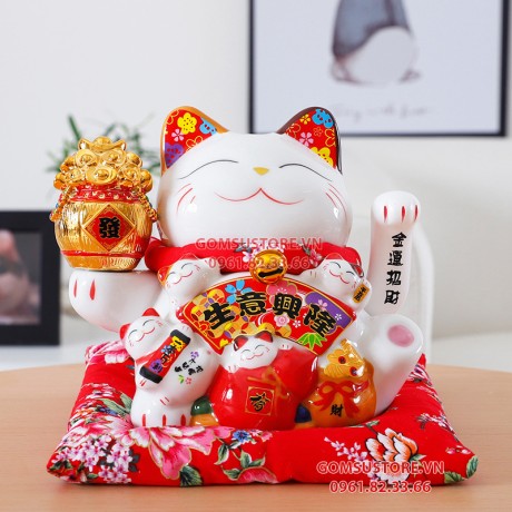 Mèo Thần Tài Vẫy Tay, Mèo May Mắn Maneki Neko Làm Ăn Tấn Tới 18cm Kèm Đệm Và Hộp Đẹp