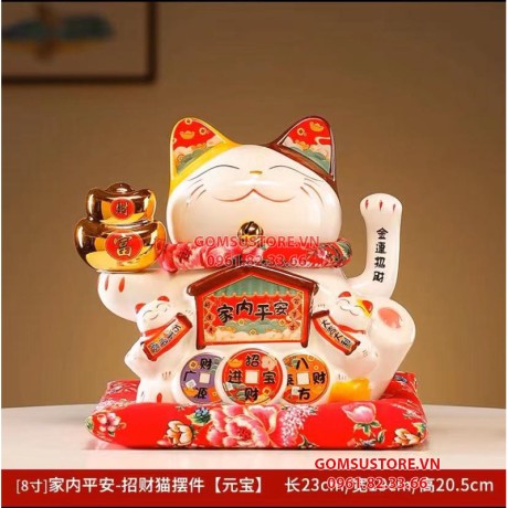 Mèo Thần Tài  May Mắn Maneki Neko Gia Đạo Bình An 20cm Kèm Đệm Và Hộp Đẹp