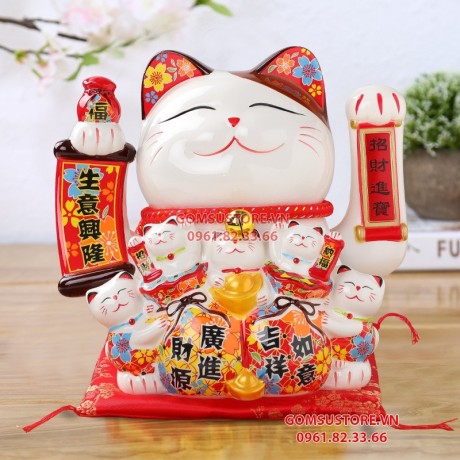 Mèo Thần Tài  Vẫy Tay, Mèo May Mắn Maneki Neko Khai Vận Phát Tài 20cm Kèm Đệm Và Hộp Đẹp