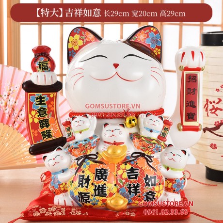 Mèo Thần Tài  Vẫy Tay, Mèo May Mắn Maneki Neko Khai Vận Phát Tài 20cm Kèm Đệm Và Hộp Đẹp