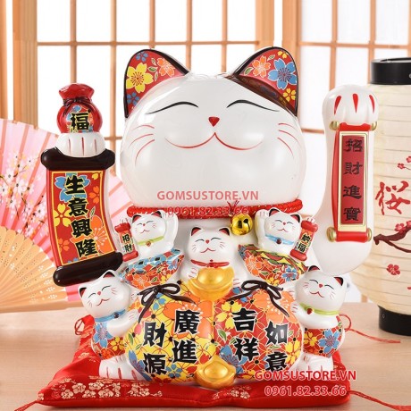 Mèo Thần Tài  Vẫy Tay, Mèo May Mắn Maneki Neko Khai Vận Phát Tài 20cm Kèm Đệm Và Hộp Đẹp