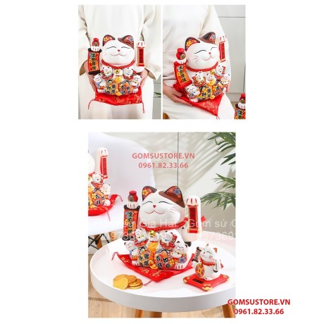 Mèo Thần Tài  Vẫy Tay, Mèo May Mắn Maneki Neko Khai Vận Phát Tài 20cm Kèm Đệm Và Hộp Đẹp