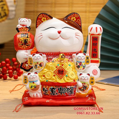 Mèo Thần Tài  May Mắn Maneki Neko Phát Lộc Phát Đạt 20cm Kèm Đệm Và Hộp Đẹp