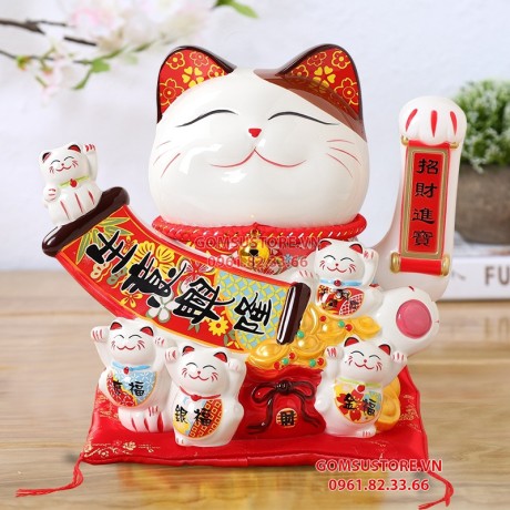 Mèo Thần Tài  May Mắn Maneki Neko Kinh Doanh Hưng Thịnh 20cm Kèm Đệm Và Hộp Đẹp