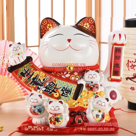 Mèo Thần Tài  May Mắn Maneki Neko Kinh Doanh Hưng Thịnh 20cm Kèm Đệm Và Hộp Đẹp