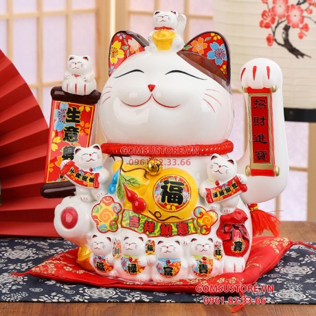 Mèo Thần Tài  May Mắn Maneki Neko Phúc Lộc Viên Mãn 22cm Kèm Đệm Và Hộp Đẹp