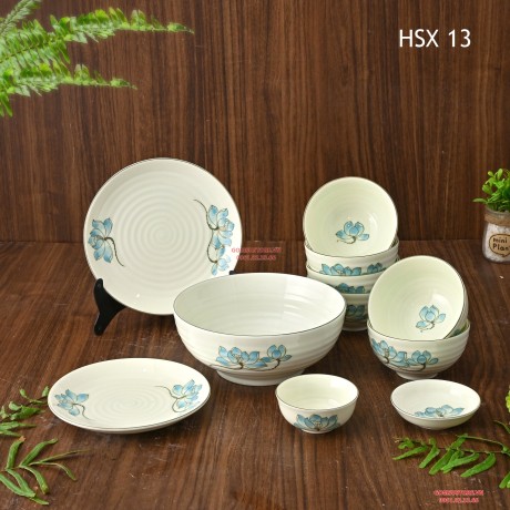 Bộ Bát Đĩa Sứ Bát Tràng Men Kem Họa Tiết Vẽ Hoa Sen Viền Xanh HSX13 (11 Món)