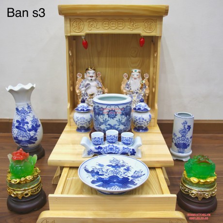 Bộ Đồ Thờ Ban Thần Tài Sứ Bát Tràng Men Lam Xanh Ban S3 (8 món)