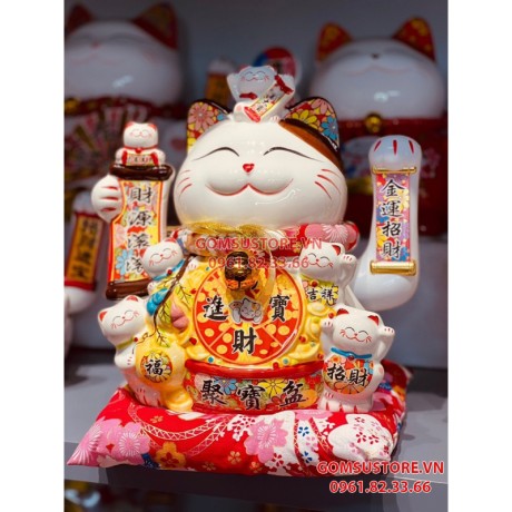 Mèo thần tài, mèo may mắn neko maneki Đế vương Vàng Đỏ 13 inches 32cm vẫy tay