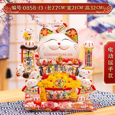 Mèo thần tài, mèo may mắn neko maneki Đế vương Vàng Đỏ 13 inches 32cm vẫy tay