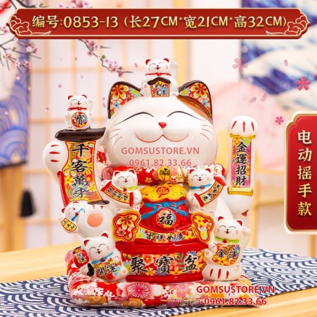 Mèo thần tài, mèo may mắn neko maneki Đế vương Vàng Đỏ 13 inches 32cm vẫy tay