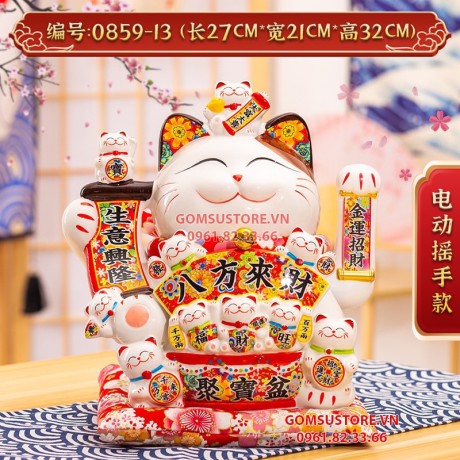 Mèo thần tài, mèo may mắn neko maneki Đế vương Vàng Đỏ 13 inches 32cm vẫy tay