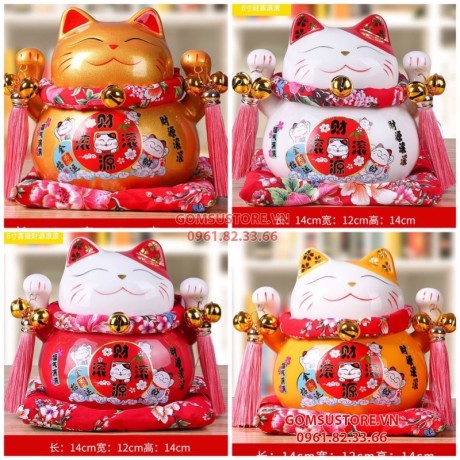 Hũ tiết kiệm Mèo thần tài, mèo may mắn Neko maneki bằng sứ kèm đệm và hộp đẹp 6 tấc 14cm