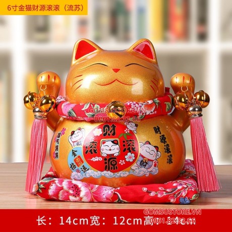 Hũ tiết kiệm Mèo thần tài, mèo may mắn Neko maneki bằng sứ kèm đệm và hộp đẹp 6 tấc 14cm