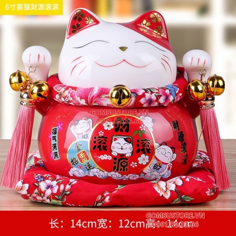 Hũ tiết kiệm Mèo thần tài, mèo may mắn Neko maneki bằng sứ kèm đệm và hộp đẹp 6 tấc 14cm