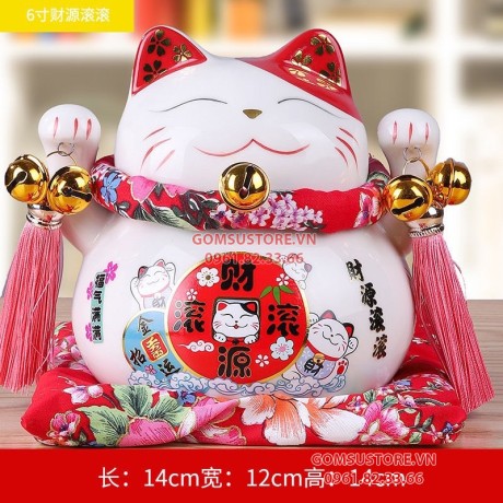 Hũ tiết kiệm Mèo thần tài, mèo may mắn Neko maneki bằng sứ kèm đệm và hộp đẹp 6 tấc 14cm