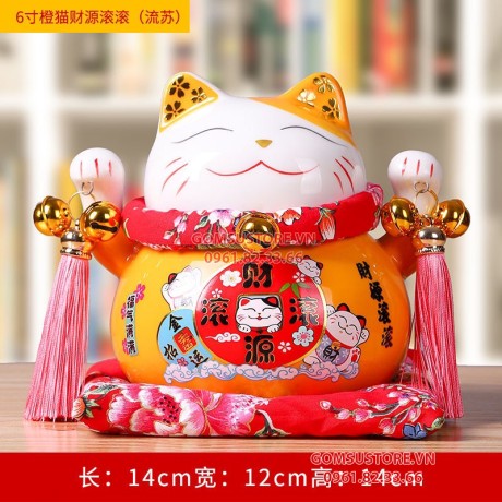 Hũ tiết kiệm Mèo thần tài, mèo may mắn Neko maneki bằng sứ kèm đệm và hộp đẹp 6 tấc 14cm