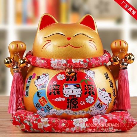 Hũ tiết kiệm Mèo thần tài, mèo may mắn Neko maneki bằng sứ kèm đệm và hộp đẹp 6 tấc 14cm