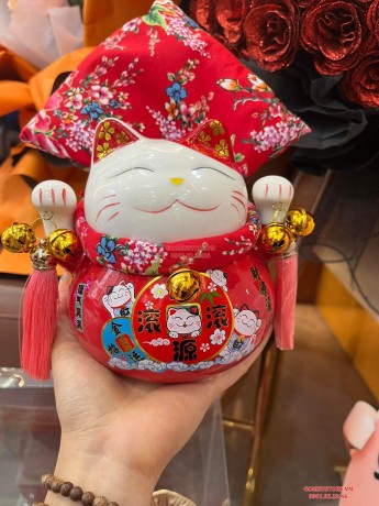 Hũ tiết kiệm Mèo thần tài, mèo may mắn Neko maneki bằng sứ kèm đệm và hộp đẹp 6 tấc 14cm