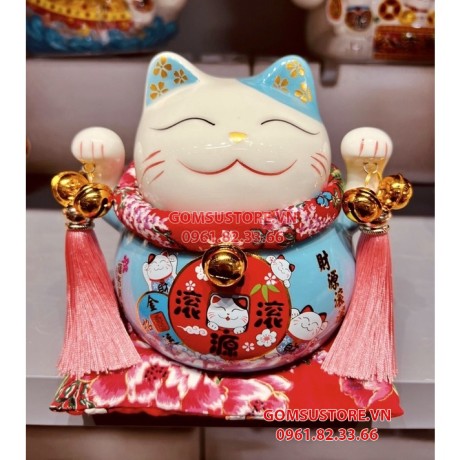 Hũ tiết kiệm Mèo thần tài, mèo may mắn Neko maneki bằng sứ kèm đệm và hộp đẹp 6 tấc 14cm